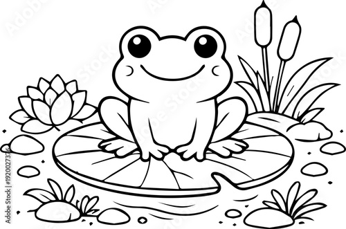 Cute cartoon frog outline illustration for children's coloring book

