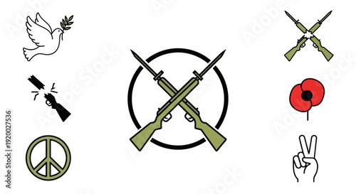 Symbols of Peace and War: Dove, Poppy, Peace Sign, Crossed Rifles, Broken Gun