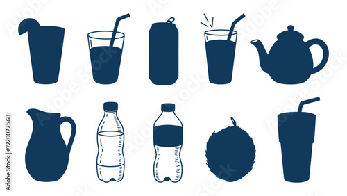 A collection of various beverage containers and drinkware on a white background