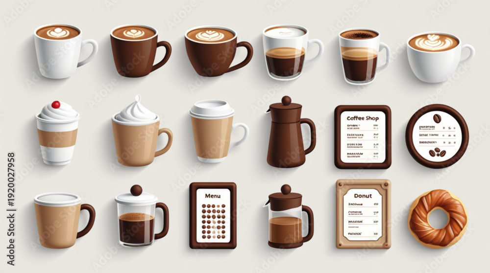 Obraz premium A set of colorful coffee cups and donuts on a menu board