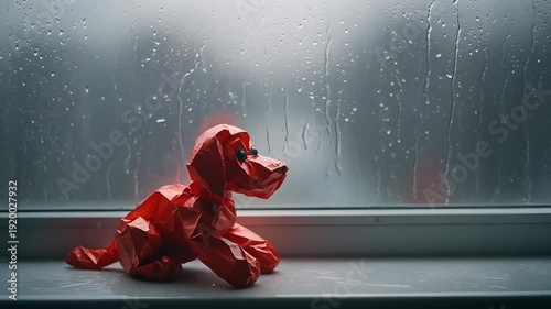 A melancholic red balloon dog sits on a window sill, contemplating the rain falling heavily against the window pane.