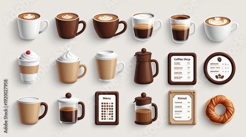 A set of colorful coffee cups and donuts on a menu board