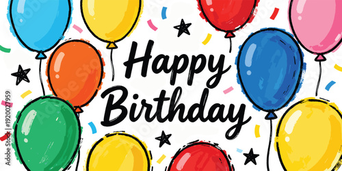 Hand-drawn watercolor 'happy birthday' banner with colorful balloons and confetti on white.