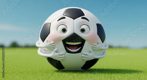 Happy Cartoon Soccer Ball on Green Grass Field with Smiling Face