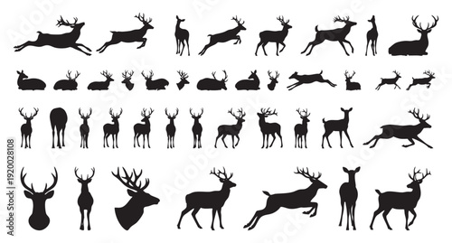 black deer silhouettes on white repeat, tiled arrangement creates decorative seamless pattern ideal for textiles, wrapping, wallpaper and surface design with varied poses and antler shapes adding
