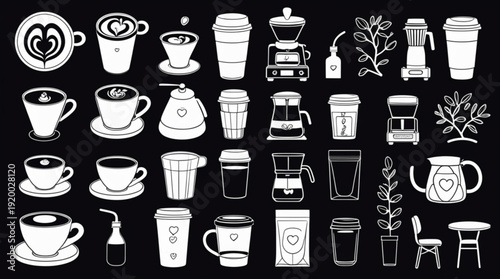 A set of minimalist coffee icons and illustrations on a black background