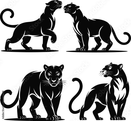 Black panther silhouette collection with walking, standing and facing poses, powerful wild big cat vector illustration isolated on white