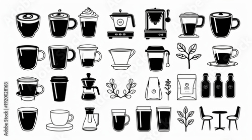 A set of black and white vector icons depicting various coffee cups and coffee related items