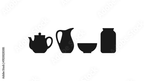 A set of kitchen utensils and dishes in black silhouette on white background