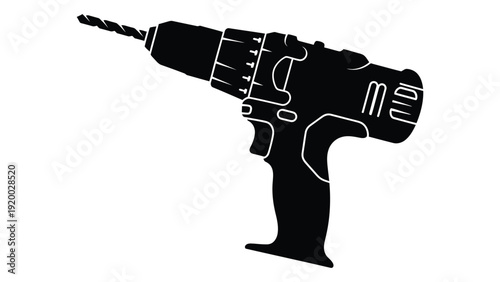Black and white outline of a power drill with a unique geometric design. isolated on white background, Vector