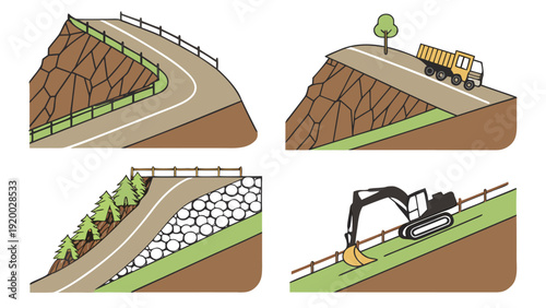 Slope Stabilization and Road Construction Engineering Vector Set
