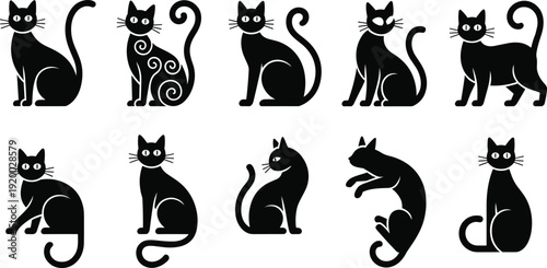Cute cat silhouette collection with different poses, sitting, jumping and decorative feline shapes vector illustration isolated on white background