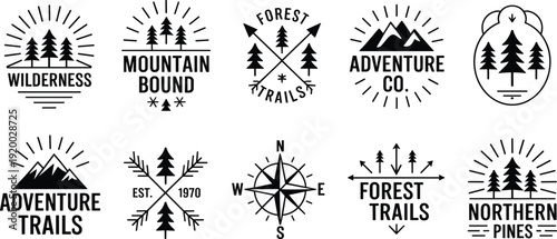 Outdoor adventure and wilderness badge logo collection with forest trees mountains compass and trails vintage vector emblem set