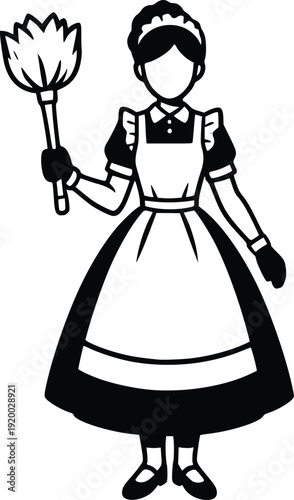 Black and White Vector Illustration of a Maid Holding a Duster, Isolated on White Background. Classic French Maid Character Icon for Cleaning Services, Hospitality, and Domestic...