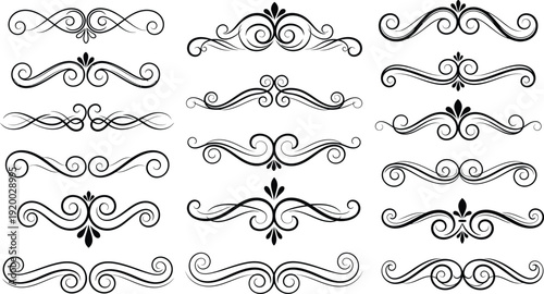 Collection of elegant black swirling ornamental designs on white background