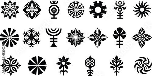 Collection of various black geometric and floral ornamental design elements