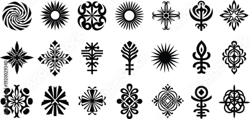 Collection of various black ornamental design elements on white background