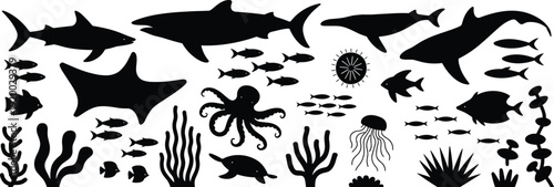 Underwater marine life silhouette set with sharks, rays, fish, octopus and coral, ocean wildlife vector illustration isolated on white