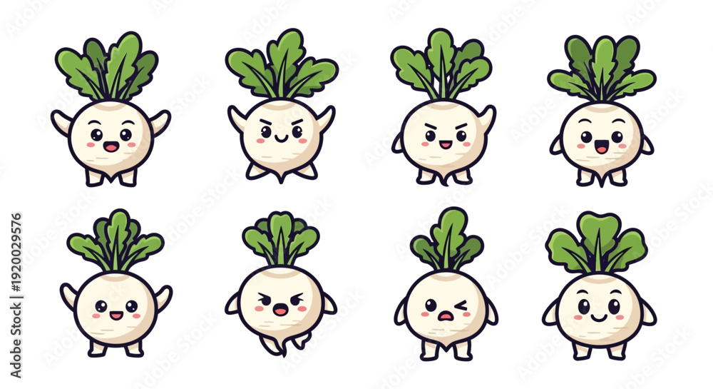Fototapeta premium Cute turnip cartoon character set with various emotions and poses isolated on white background