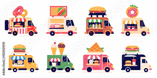 Colorful food trucks and various fast food items in a flat design