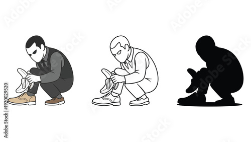 An illustration of a man tying his shoes in different styles