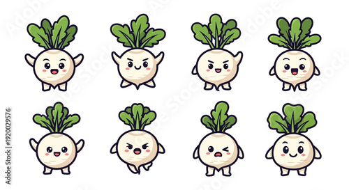 Cute turnip cartoon character set with various emotions and poses isolated on white background