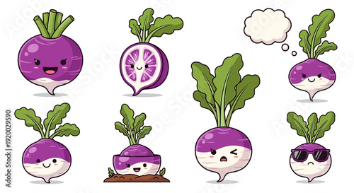 Set of cute purple turnip characters with various emotions and poses vector illustration