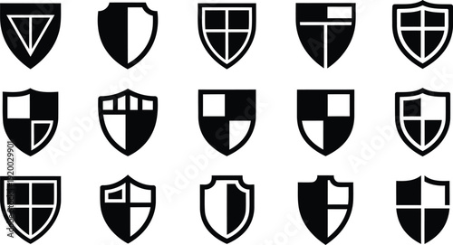 Collection of various shield logos and icons in black and white