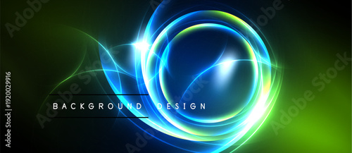 Abstract neon lights create vibrant circular design. Dark background emphasizes glowing elements, modern aesthetic.