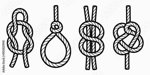 Rope knots illustration, includes several types of nautical knots on white background, vector collection for sailing, marine, and educational design projects.