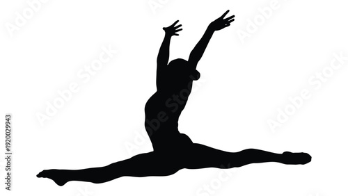 A silhouette of a person performing a dynamic dance move with arms raised high isolated on white background, Vector