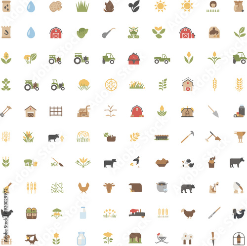 Agriculture and farming icon set featuring tractors, barns, crops, livestock, garden tools, and organic food symbols for rural industry and agricultural design.