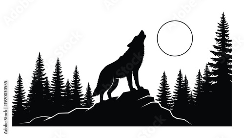 A majestic wolf howling at the moon atop a rocky cliff surrounded by forest. isolated on white background, Vector
