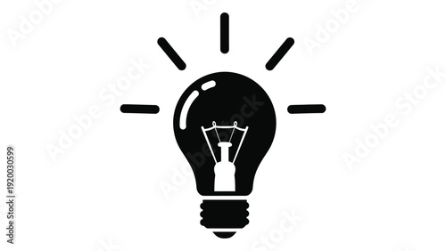 A black and white illustration of a light bulb with rays of light emanating from it isolated on white background, Vector