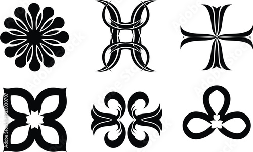 six black and white abstract floral designs with curved lines and shapes