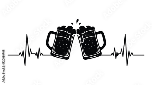Two frothy mugs of beer with a heart rate monitor line in the background. isolated on white background, Vector
