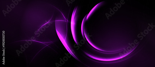 Abstract purple lines swirl against dark background. Bright glow creates dynamic, flowing visual effect. Minimalist design.