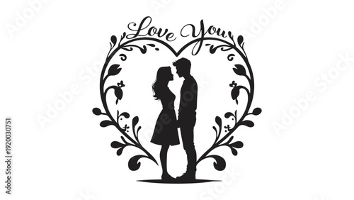 A romantic couple silhouette in a heart shape with love words