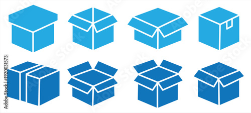 Box icon. Opening an empty shipping box or unboxing line drawing, a collection of cardboard box icons. Suitable for website design, logos, apps, templates, UI, and more. Vector illustration.