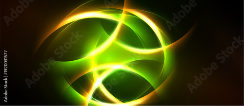 Bright abstract design features swirling green, yellow light. Dynamic energy radiates from central point, creating visual impact.