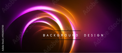 Abstract neon swirls, vibrant orange, purple hues. Dark background creates dramatic visual impact. Modern design element.
