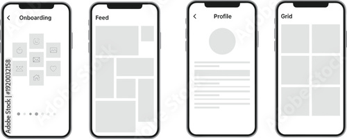 Mobile app onboarding interface, social feed layout, user profile screen, smartphone grid view, modern UI design, digital UX concept, application prototype design