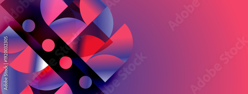 Abstract geometric shapes, vibrant colors, purple, red, blue gradients. Modern design, dynamic composition, sleek presentation.