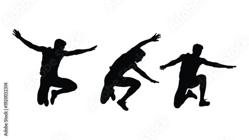 Three silhouetted figures joyfully jumping in mid-air against a white background isolated on white background, Vector