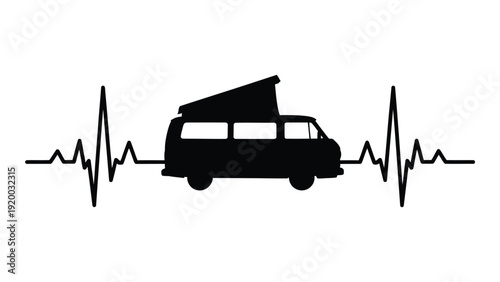 A black and white illustration of a van with a surfboard on top, set against a heartbeat line. isolated on white background, Vector