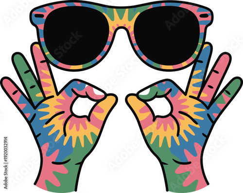 Tie-Dye Sunglasses and Hands Making OK Symbol, Retro Vibe, Stock Illustration