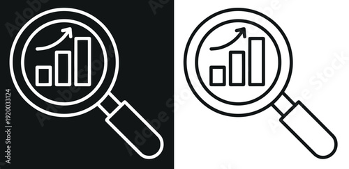 A graphic illustration of a magnifying glass with a bar chart and arrow on a black and white background