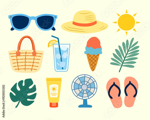 Summer beach elements in flat style for holiday theme. Great for poster and travel design.
