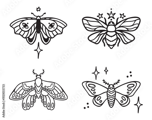 Mystical moths and butterflies set, colored esoteric style, monochrome line art hand drawn style