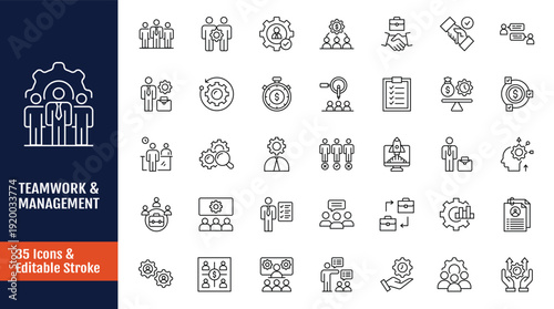 Teamwork management icon set. Outline icon with Editable stroke. Vector illustration
